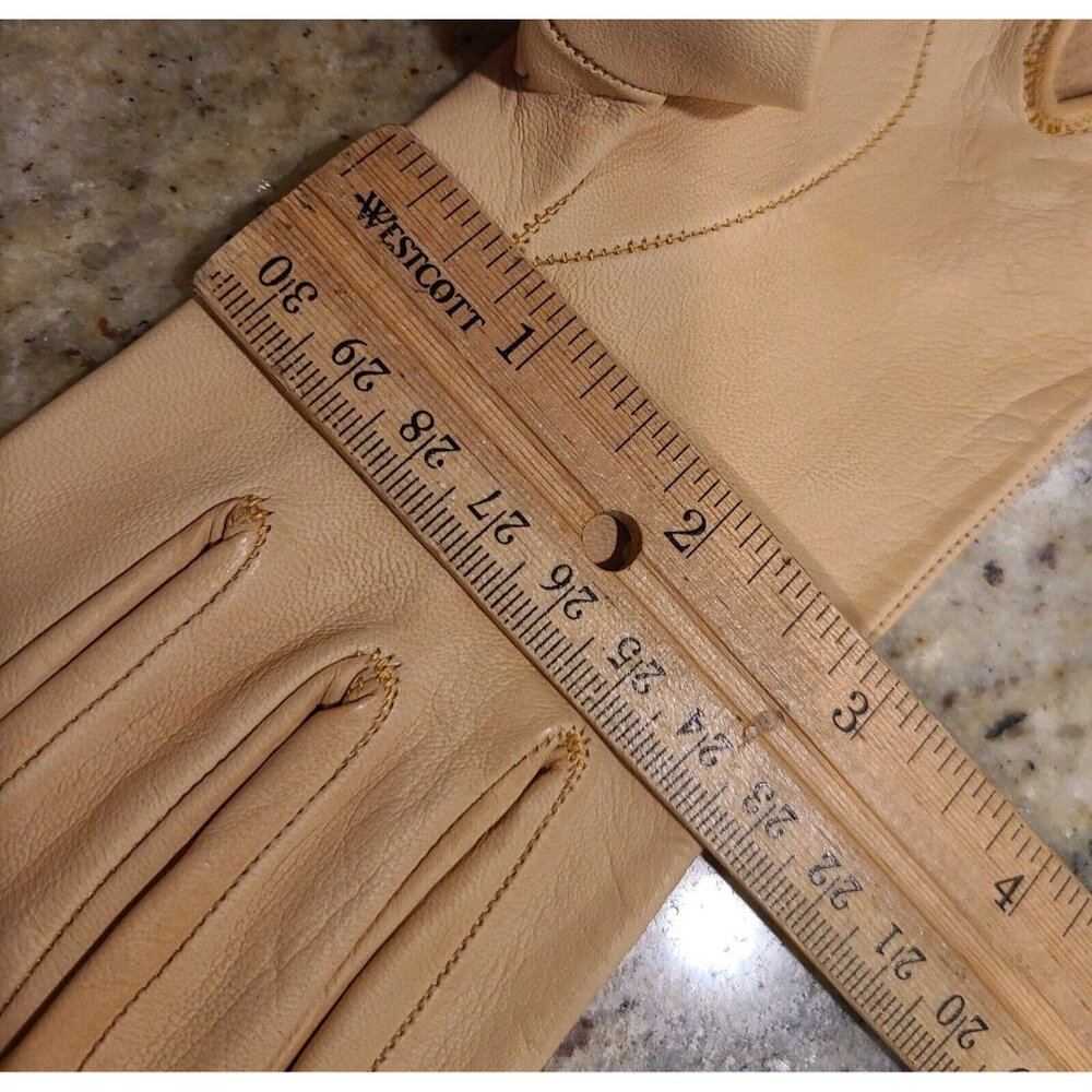 Vintage Size S Pumpkin Beige Soft Leather Formal 9" Gloves Wrist Weave Bow - Picture 14 of 15